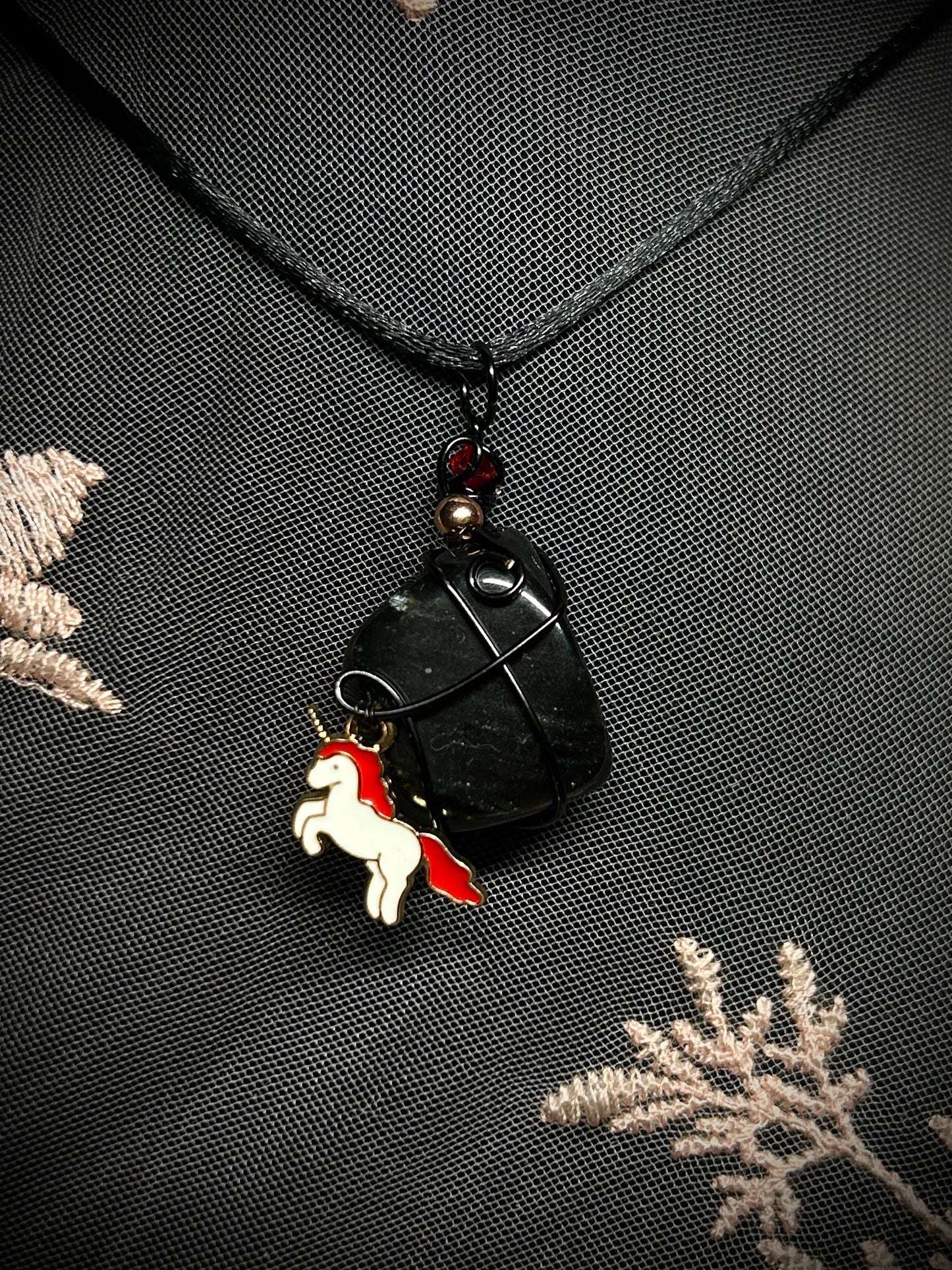Obsidian with Unicorn Charm Necklace
