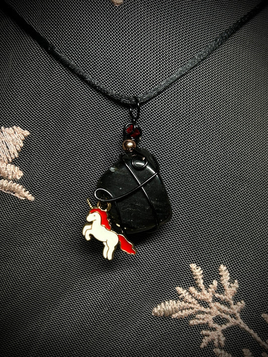 Obsidian with Unicorn Charm Necklace