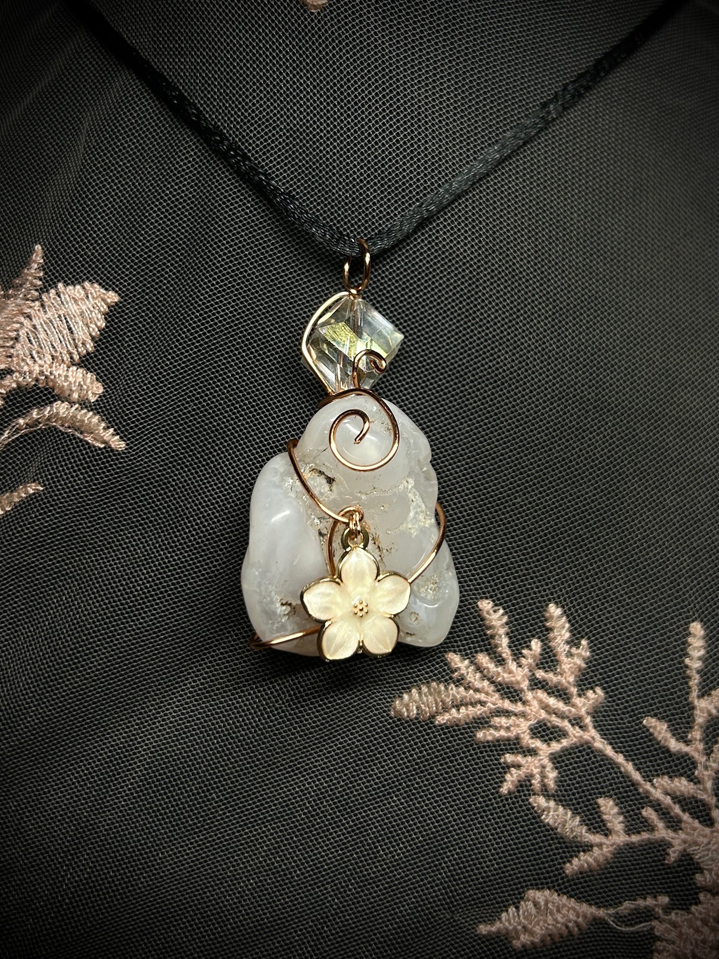 Chalcedony Rose with Flower Charm Necklace