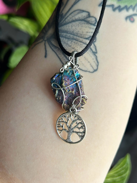 Peacock Ore with Tree of Life Charm Necklace