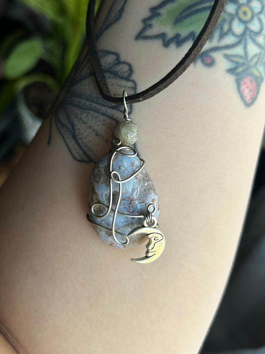 Blue Lace Agate with Moon Charm Necklace