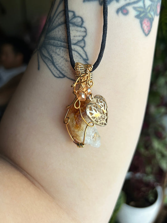 Citrine with Ornamental Heart Charm Necklace