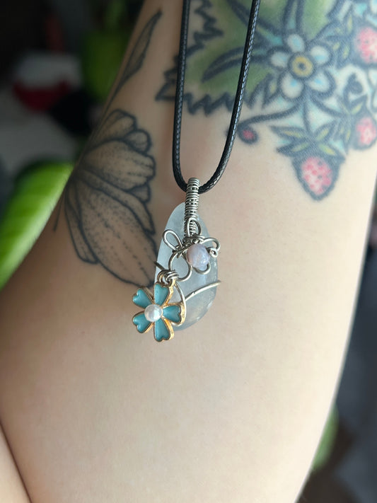 Blue Smoke Quartz with Wire Flower Necklace