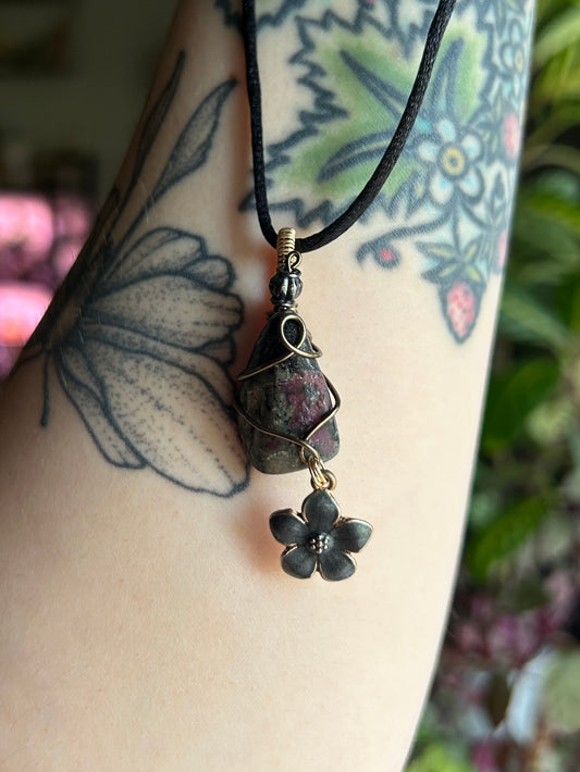 Charoite with Black Flower Charm Necklace