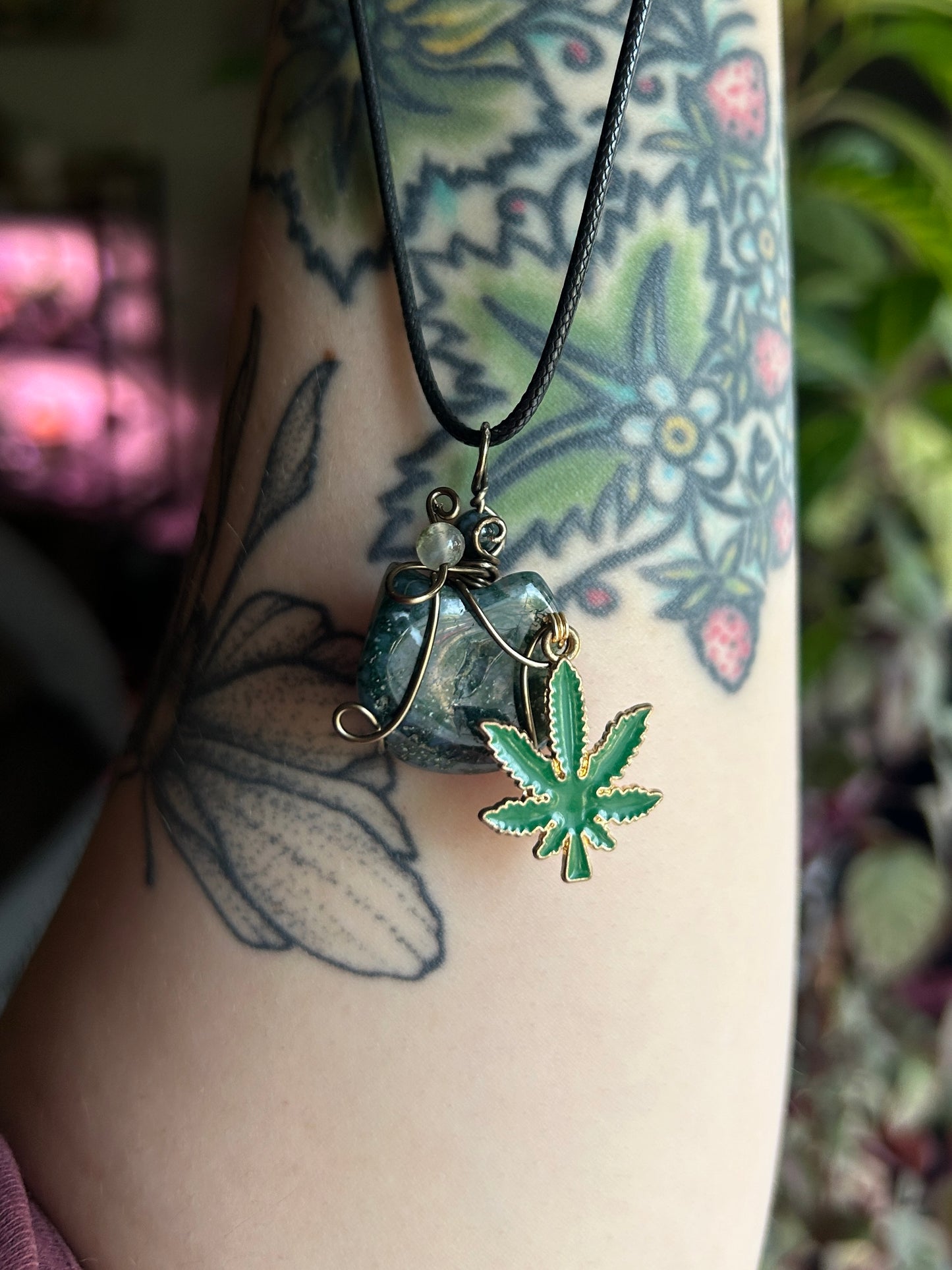 Moss Agate with Weed Leaf Charm