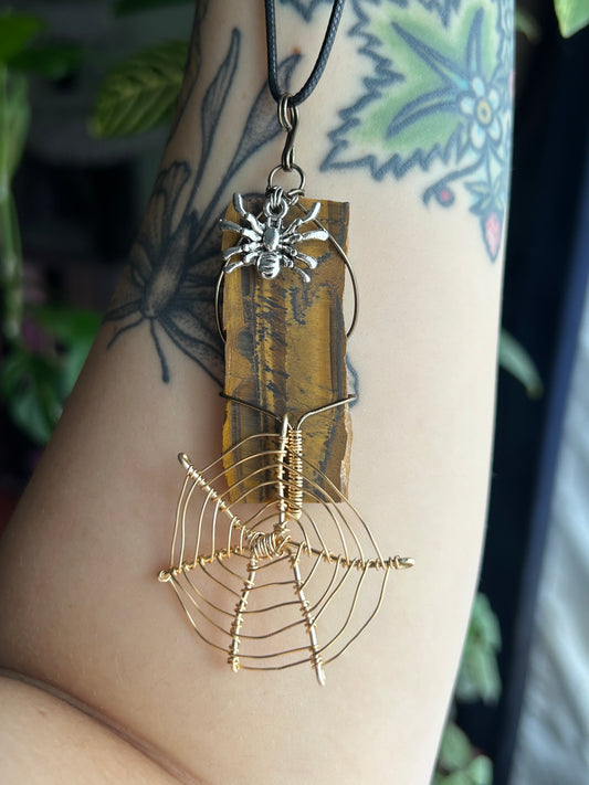 Tiger's Eye Slab with Spiderweb & Spider Necklace