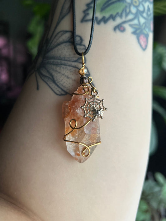 Natural Quartz with Spiderweb Charm