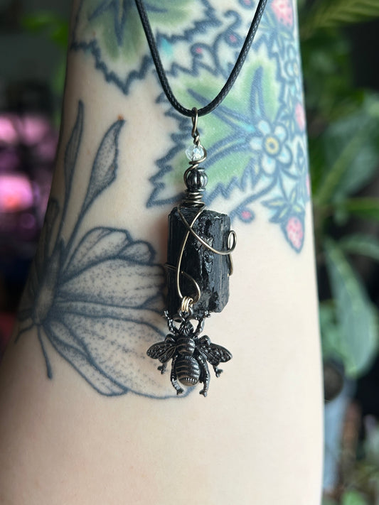 Black Tourmaline with Black Bug Charm Necklace