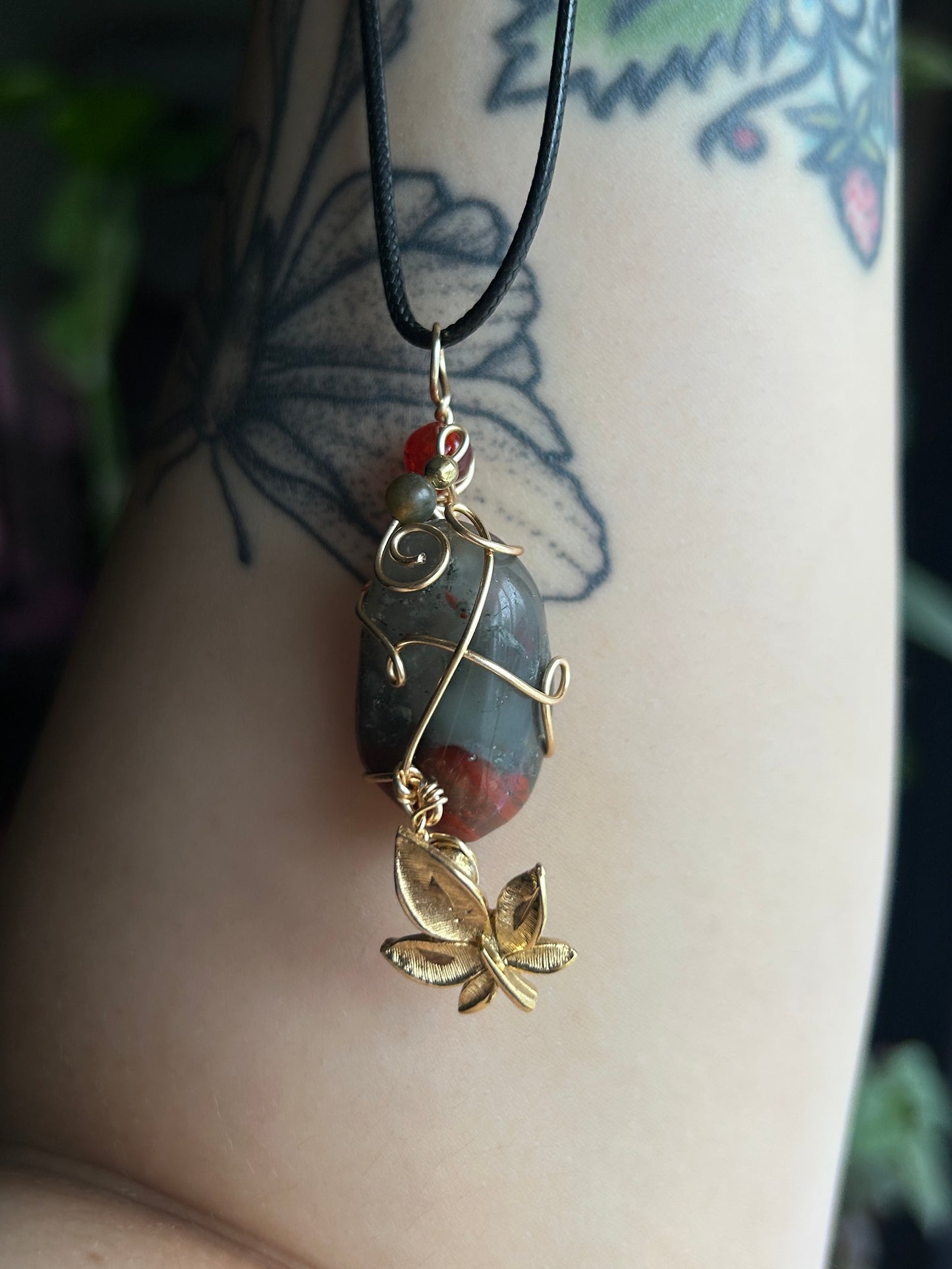 Bloodstone with Maple Leaf Charm Necklace