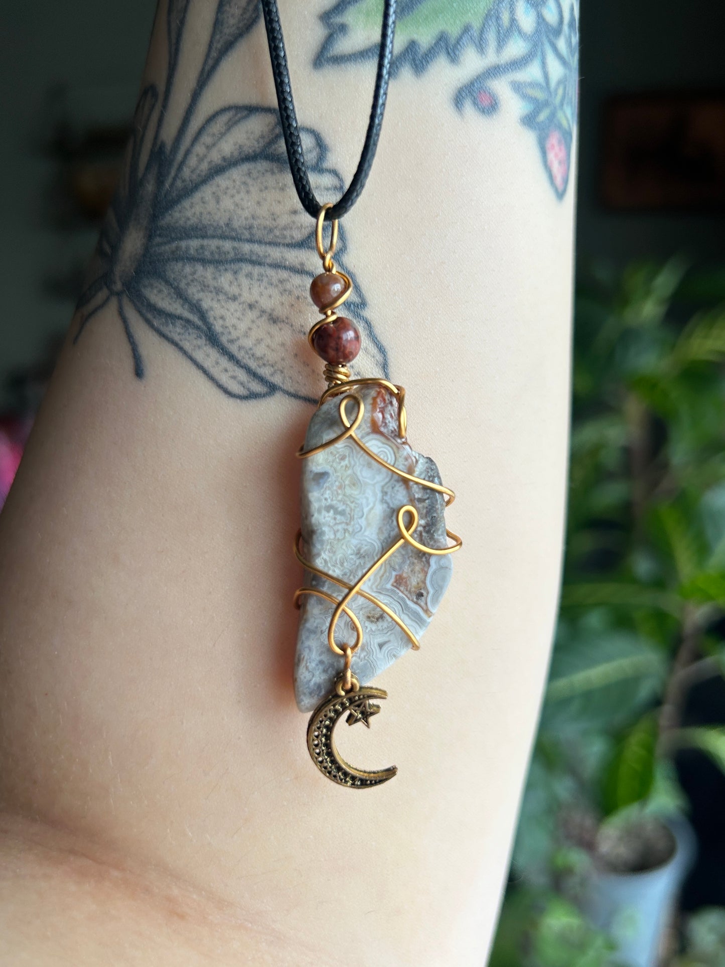 Crazy Lace Agate with Moon Charm Necklace