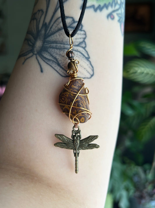 Calligraphy Stone with Dragonfly Charm Necklace