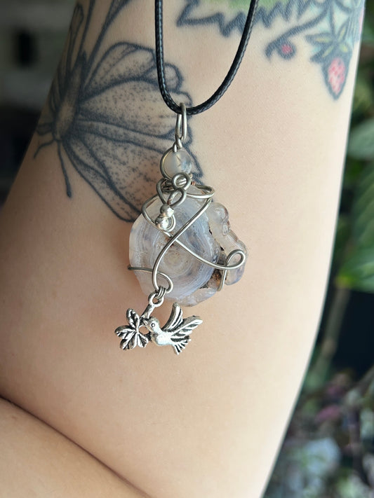 Chalcedony Rose with Bird Charm Necklace