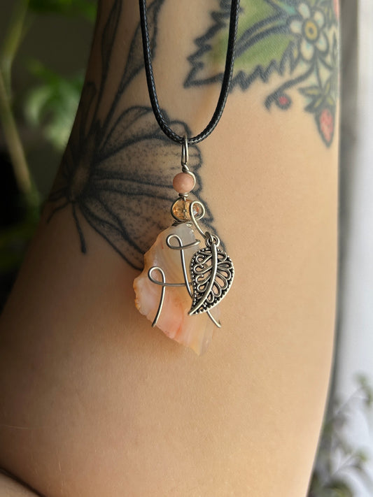 Striped Agate with Ornate Leaf Charm Necklace