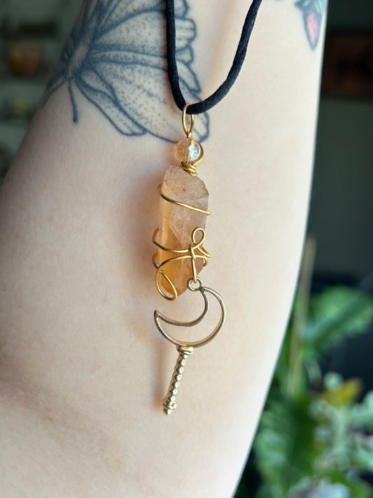 Tangerine Quartz with Moon Wand Charm Necklace