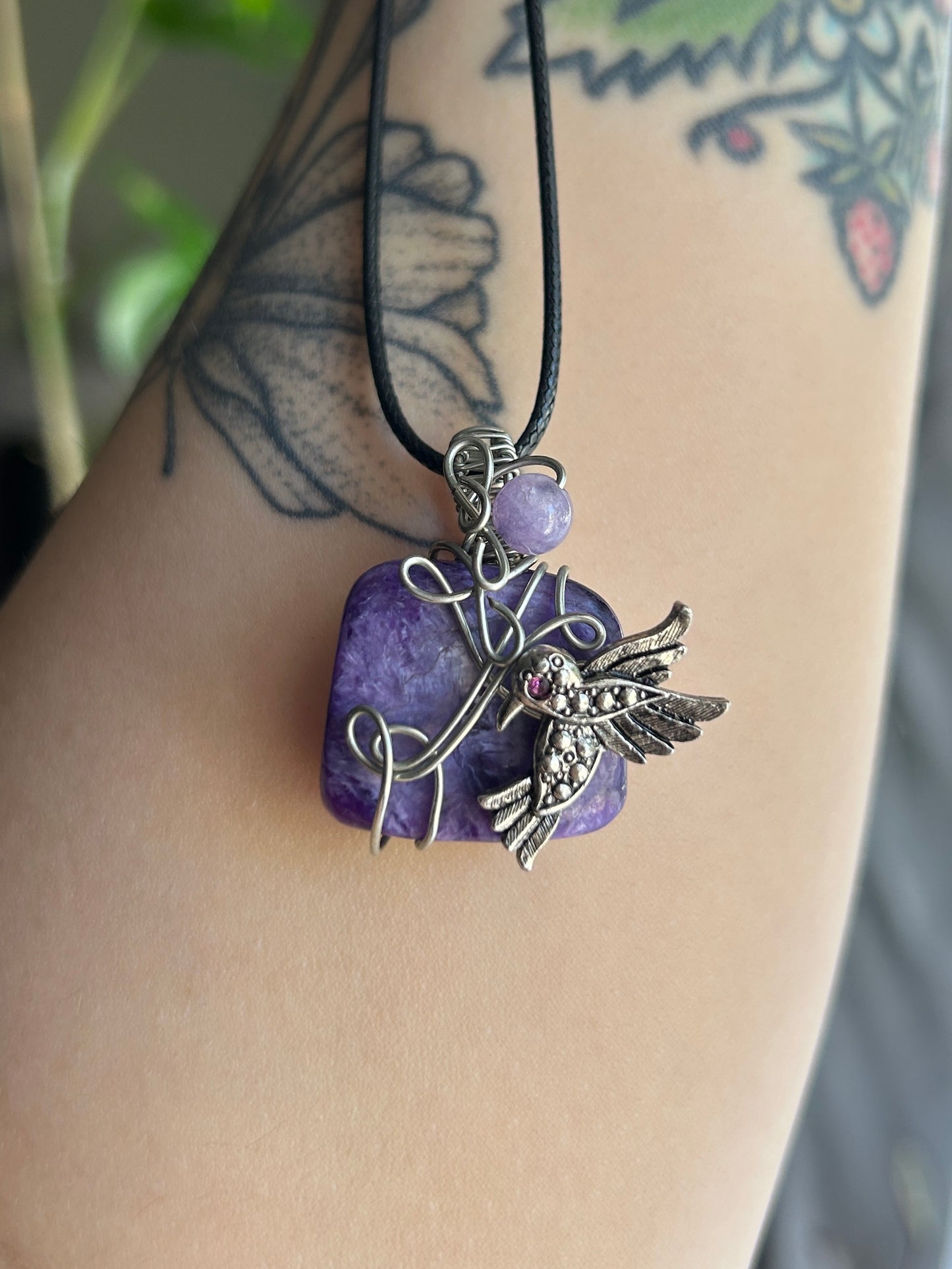 Charoite with Bird Charm Necklace