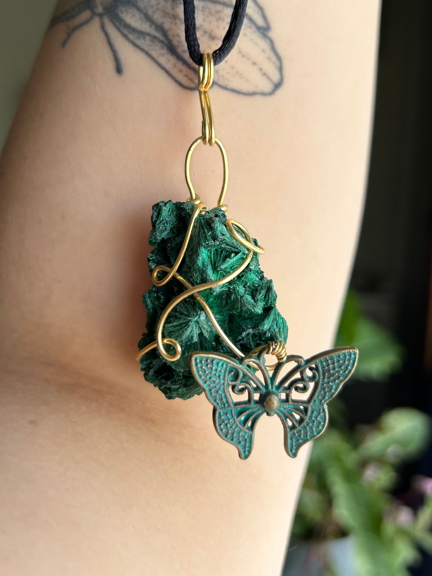 Raw Malachite with Butterfly Charm Necklace