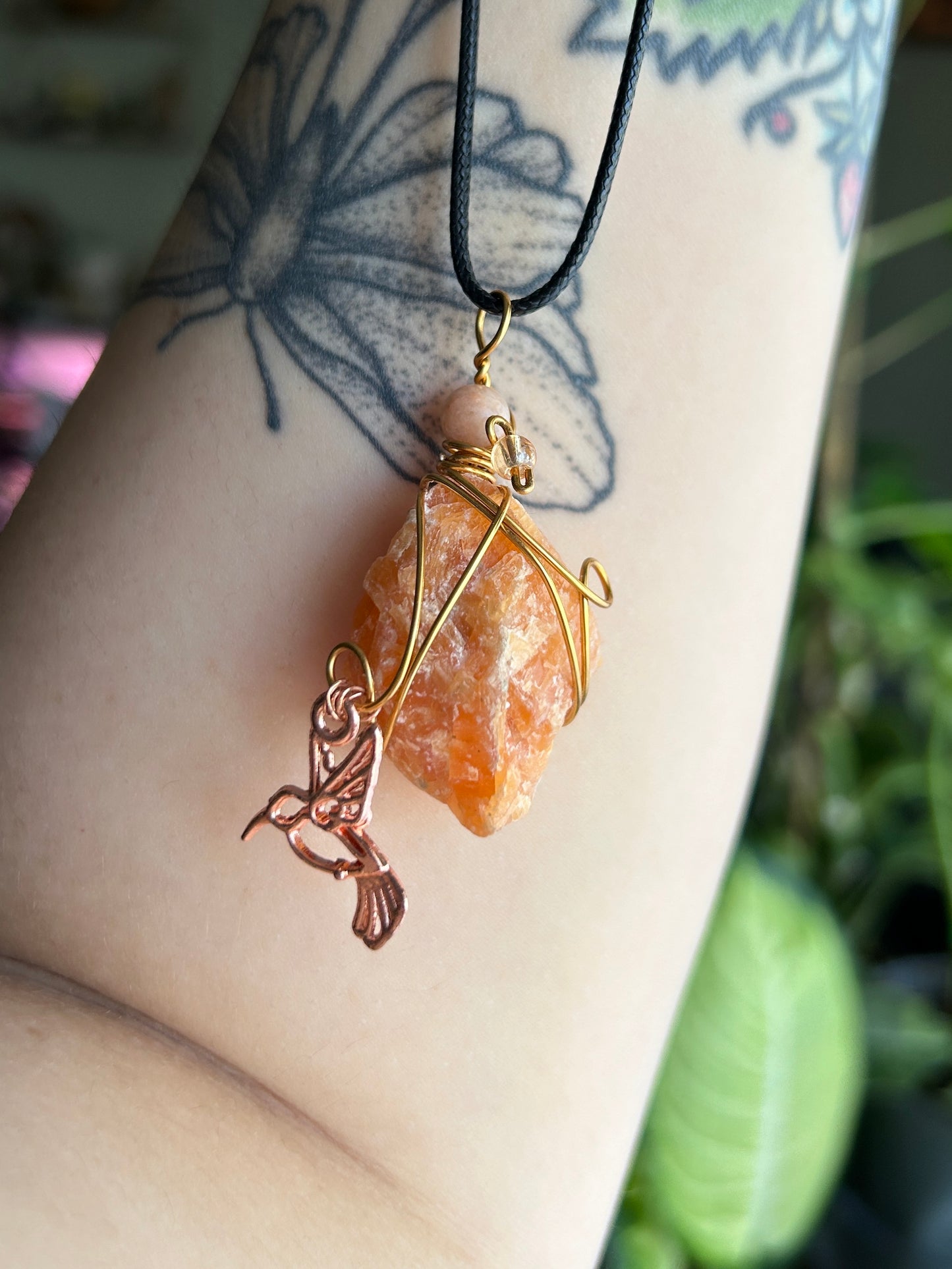 Orange Calcite with Hummingbird Charm Necklace