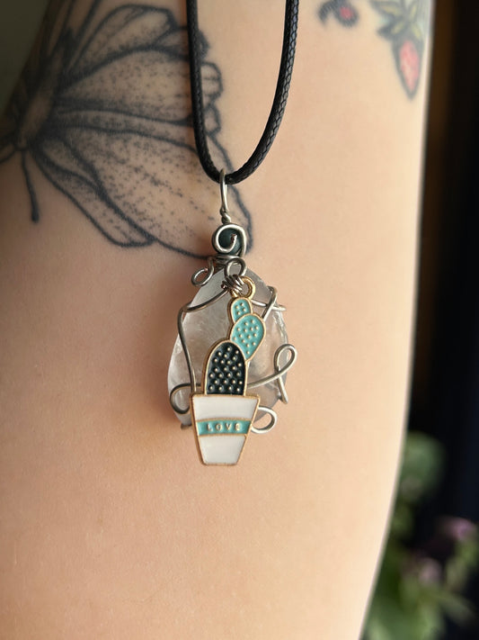 Blue Smoke Quartz with Cactus Charm Necklace