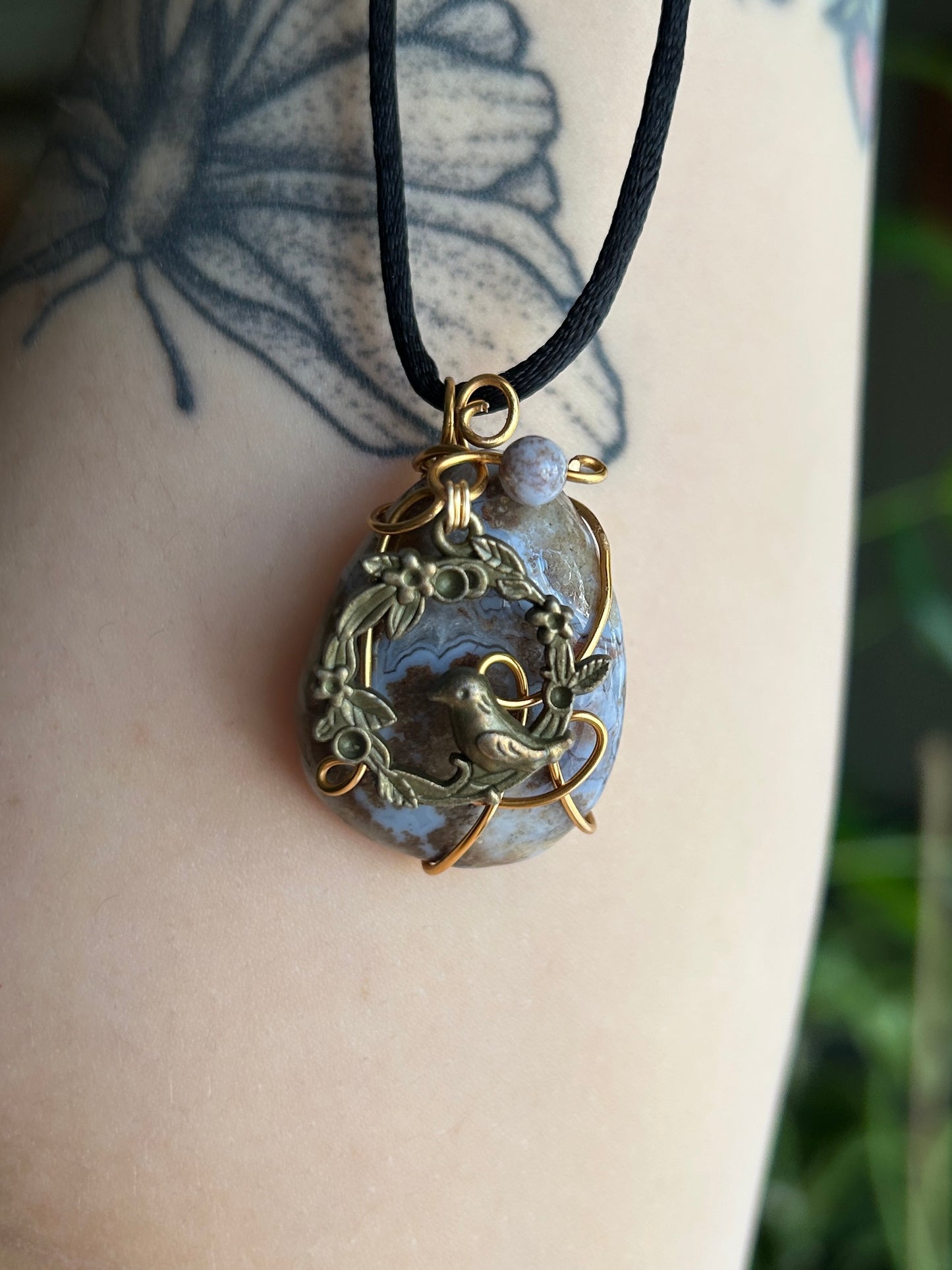 Blue Lace Agate with Bird Charm Necklace