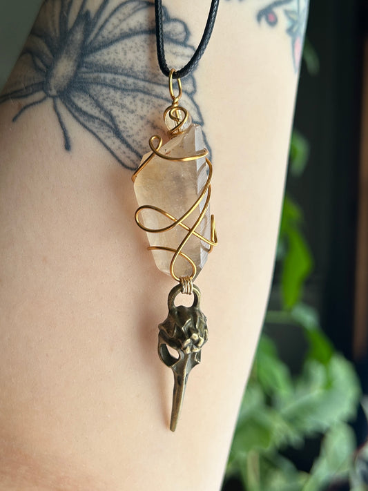 Quartz Tower with Bird Skull Charm Necklace