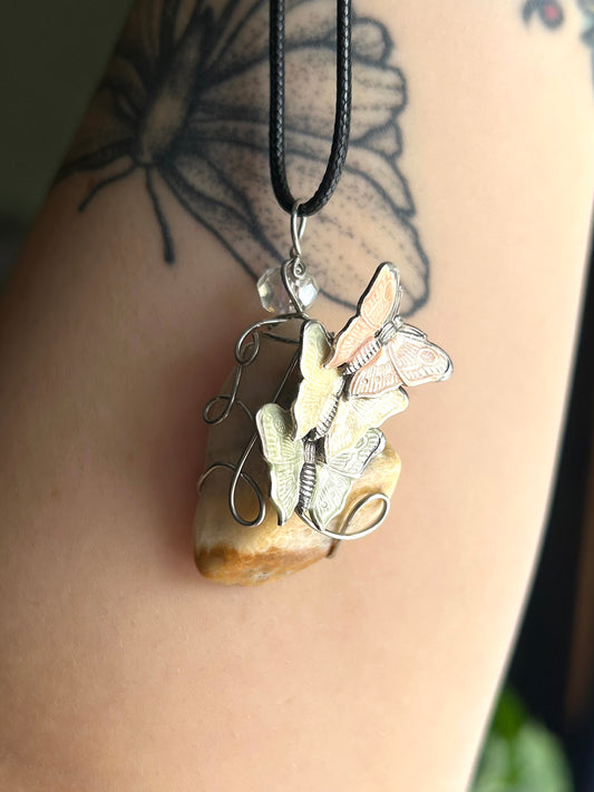 Agatized Coral with Antique Butterfly Charm Necklace