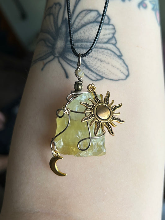 Sun and Moon Green Calcite Necklace