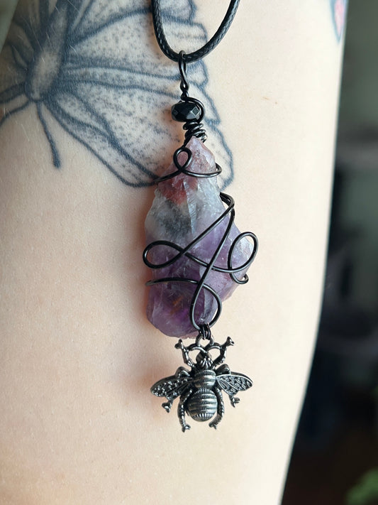 Amethyst with Queen Bee Charm Necklace