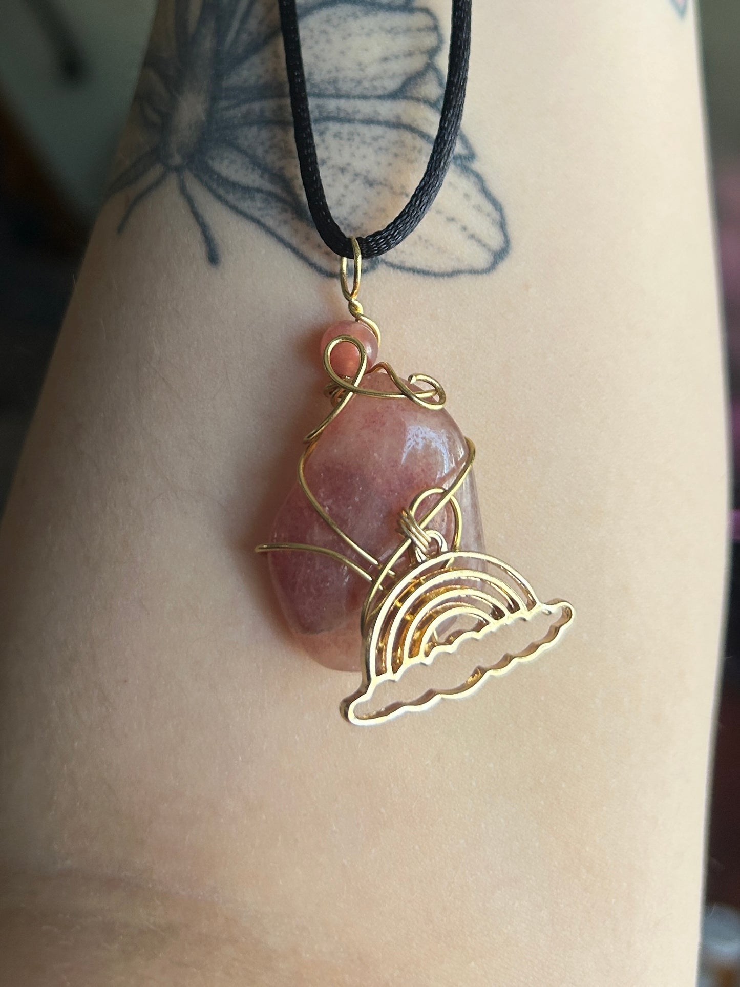 Strawberry Quartz with Rainbow Charm Necklace