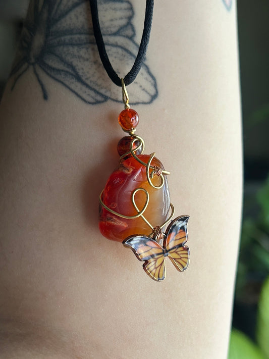 Carnelian Agate with Monarch Butterfly Charm Necklace