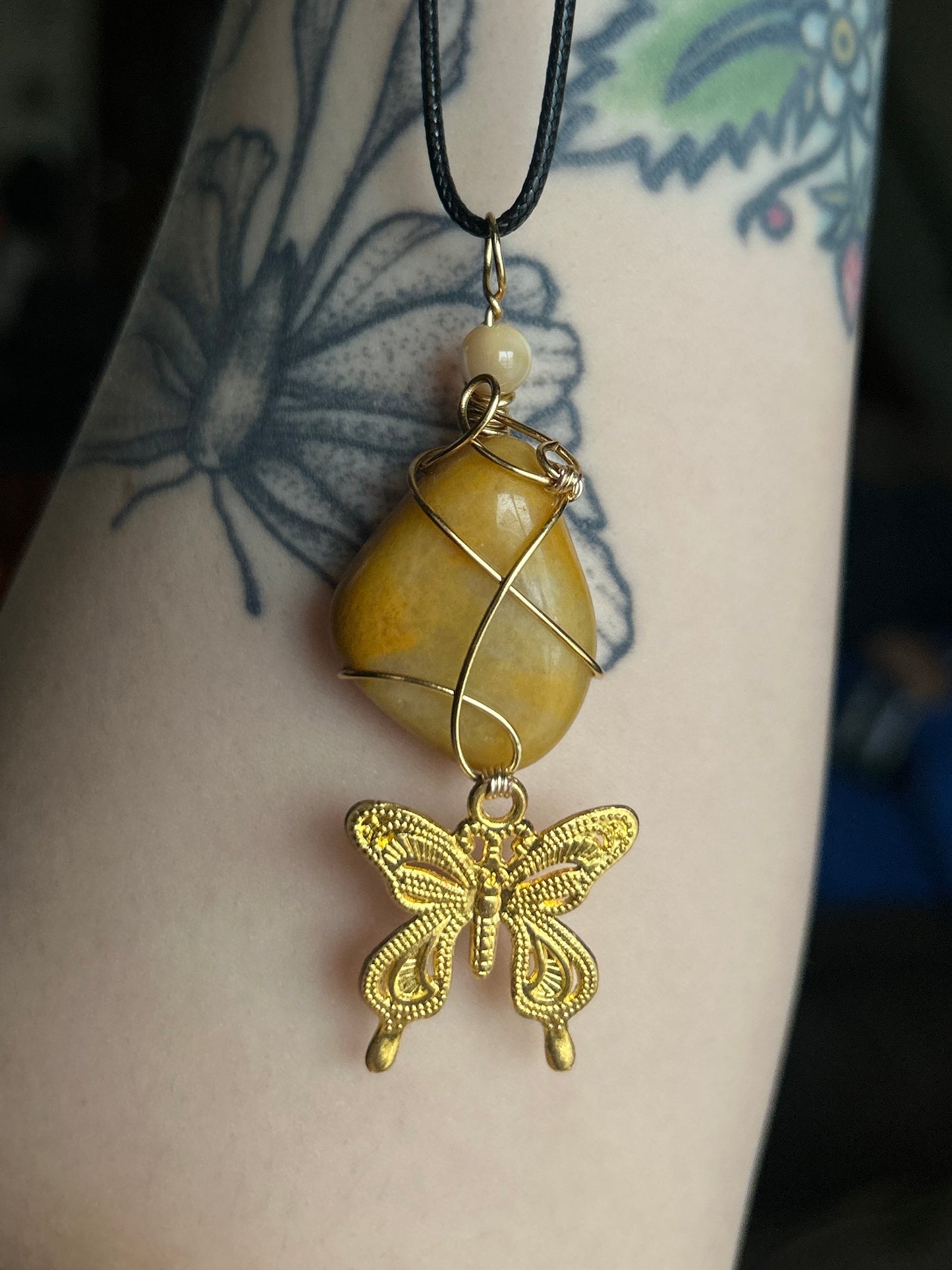 Yellow Jasper with Gold Moth Charm Necklace