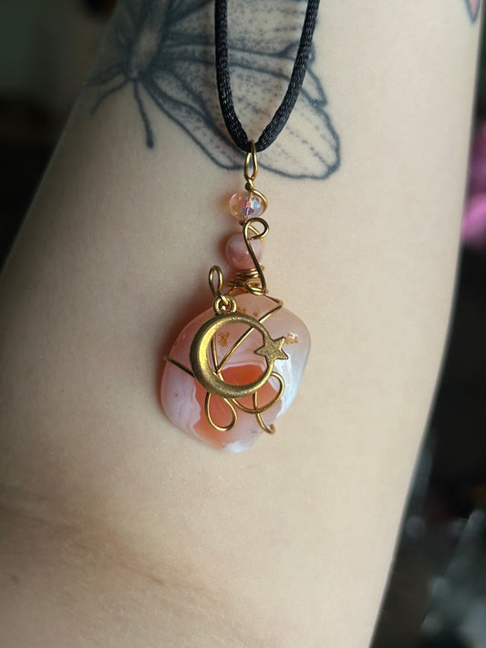 Apricot Agate with Crescent Moon Charm Necklace