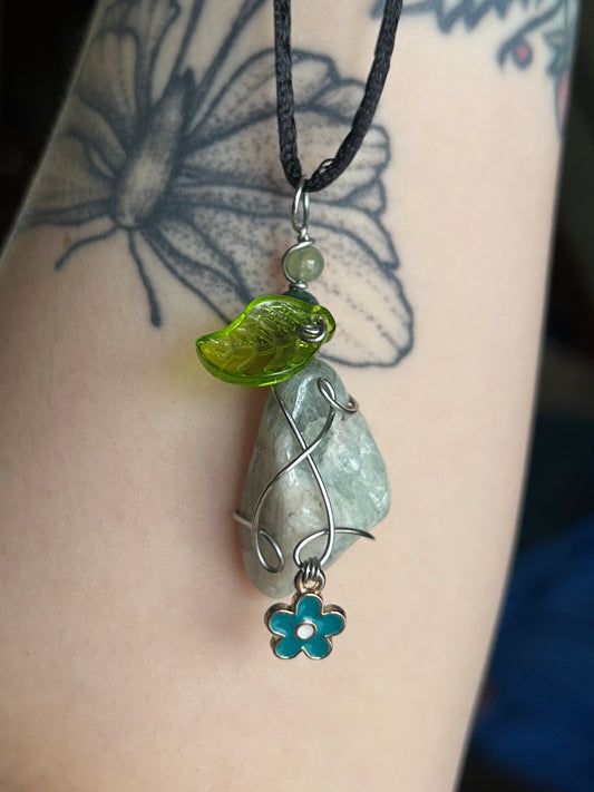 Leafy Florite with Flower Charm Necklace