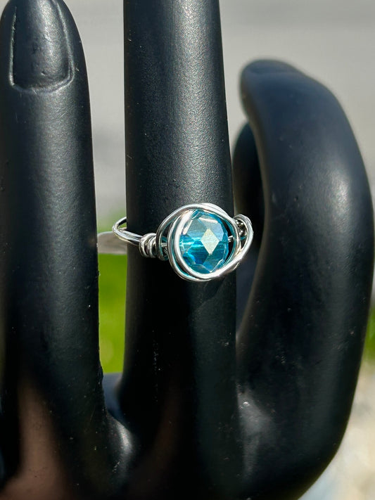 Blue Glass Bead Silver Ring