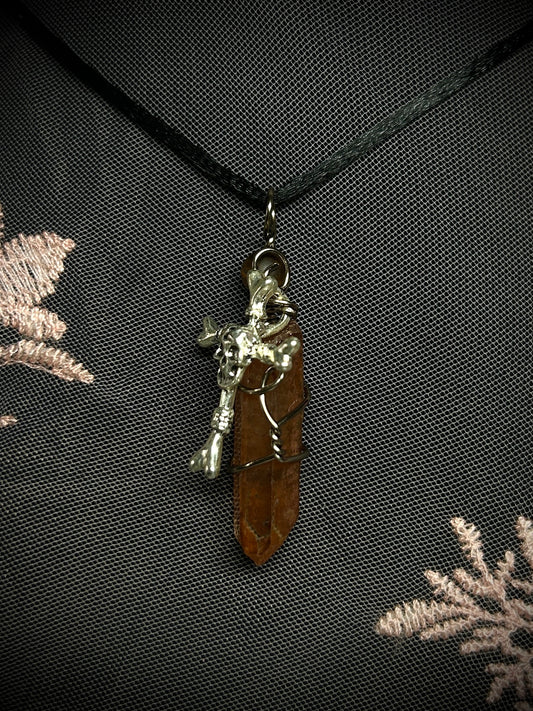 Tangerine Quartz with Skull and Crossbones Necklace