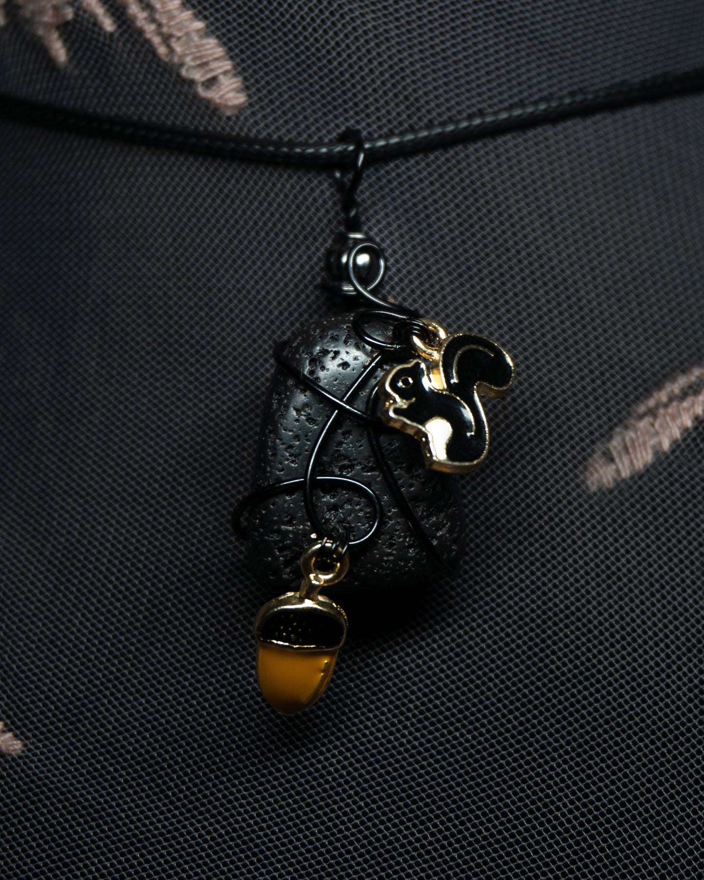 Lava Rock with Black Squirrel and Acorn Charms Necklace