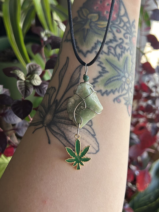 Green Aventurine with Weed Leaf Charm Necklace